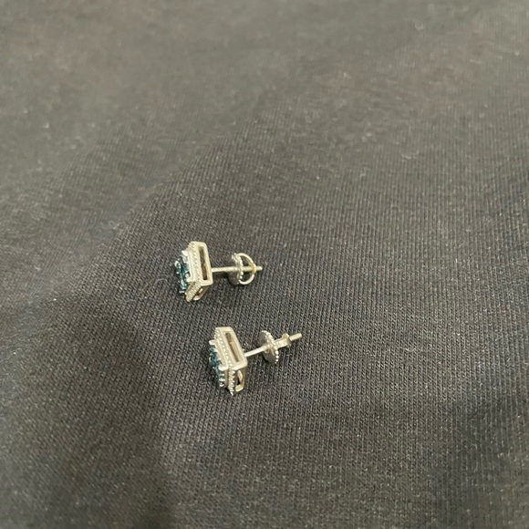 14K White Gold Blue and White Diamond Pave Earrings - Picture 3 of 4